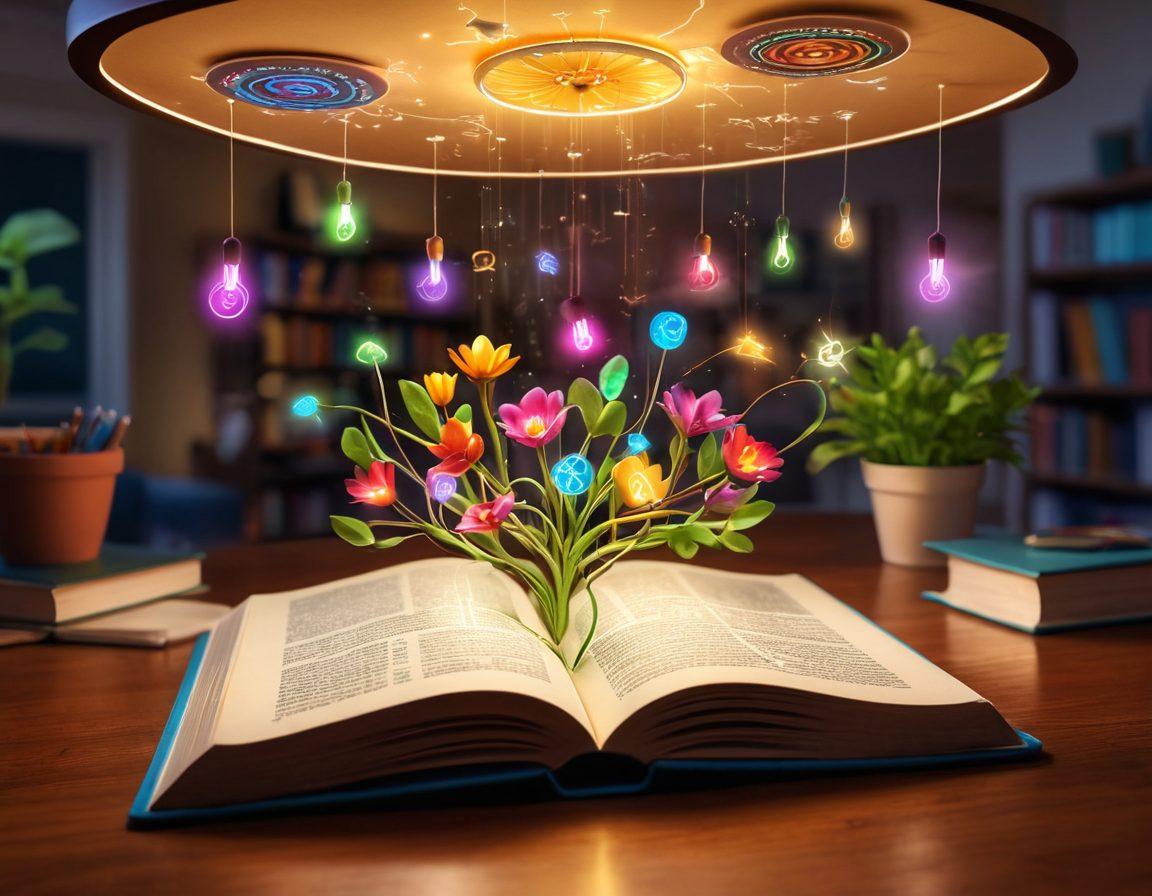 An open book with glowing pages radiating knowledge, surrounded by diverse students of various ages engaged in self-paced learning, showcasing digital devices and a bright, inspirational study environment. Floating above them are symbols of growth, like blooming plants and lightbulbs representing ideas. The overall atmosphere should feel empowering and encouraging. super-realistic. vibrant colors. warm lighting.