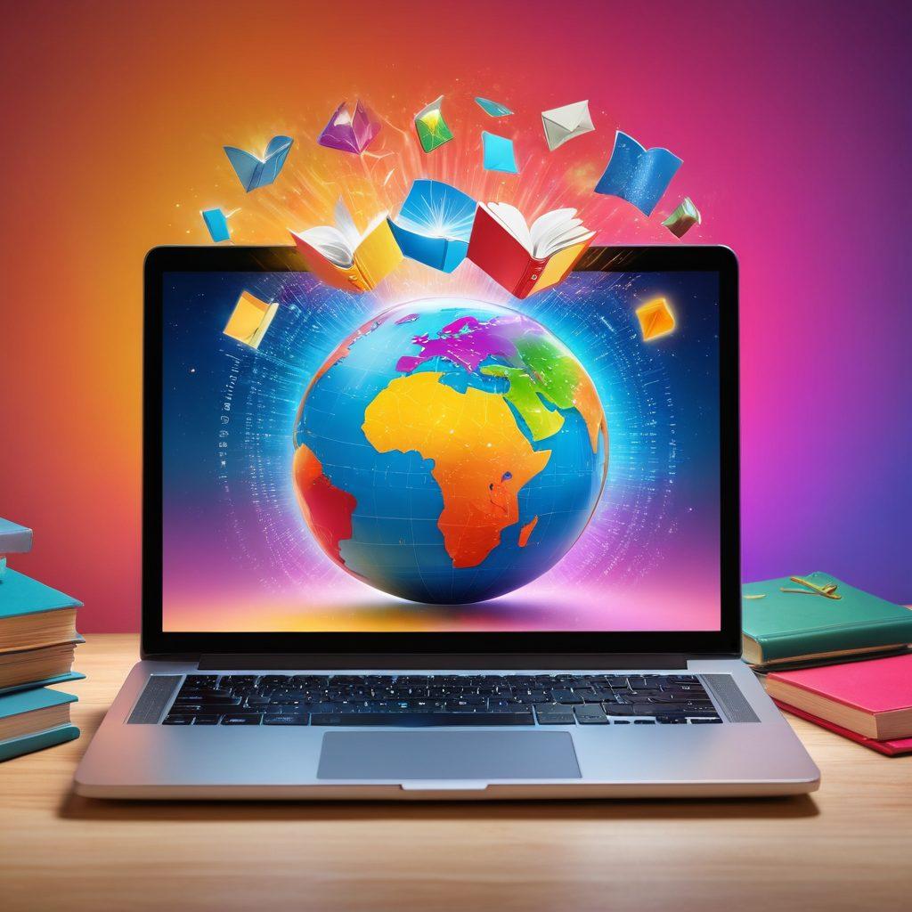 An open laptop displaying vibrant online classes, radiating colorful visual elements representing joy and exploration. Surrounding the laptop, there are books and a globe symbolizing global education. Bright light beams emanate from the screen, suggesting enlightenment. A person smiling while interacting with the laptop, illustrating engagement and excitement. super-realistic. vibrant colors. soft background.