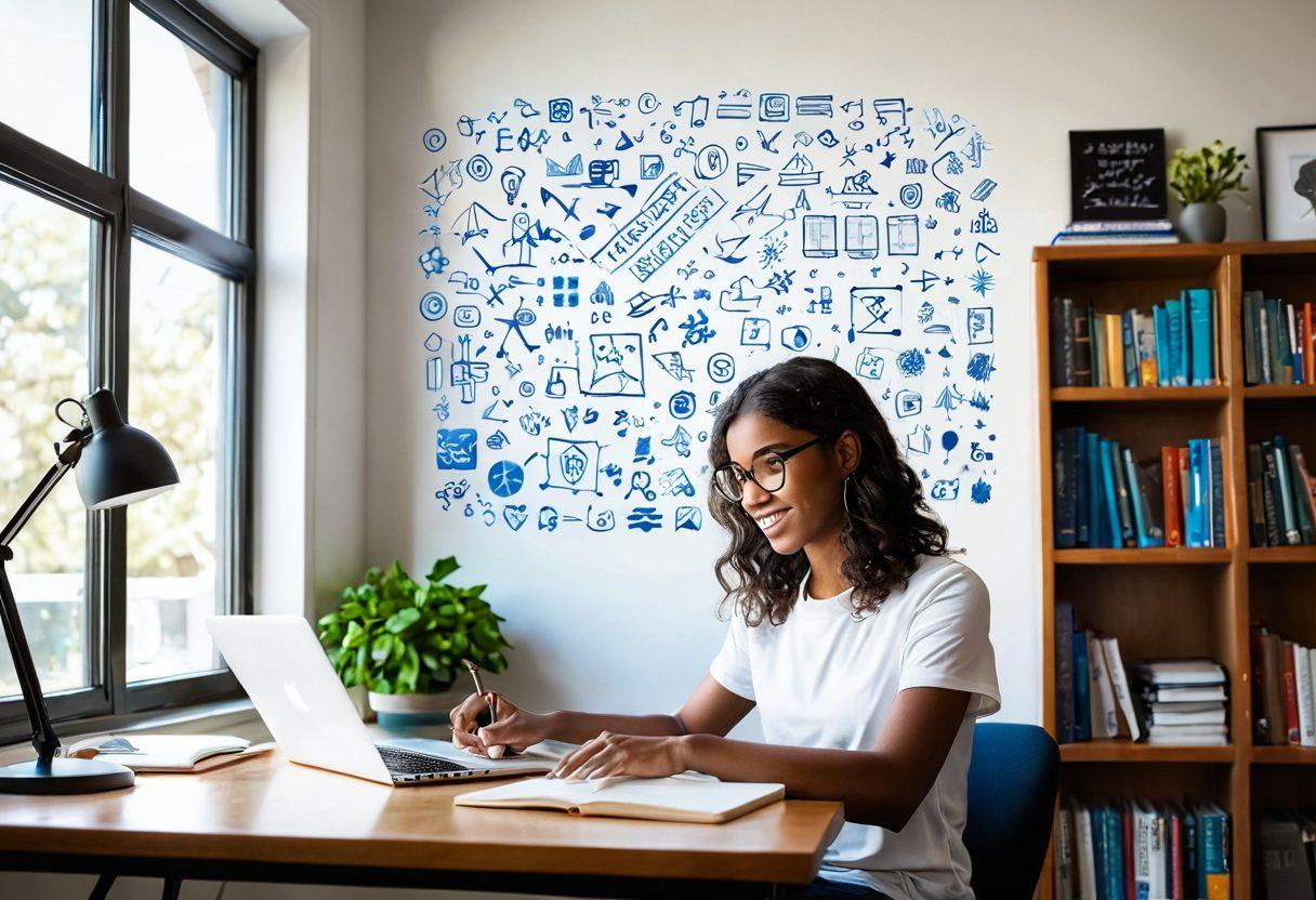 A student joyfully engaging in an online course, surrounded by floating icons of various subjects like math, science, and art. In the background, a vibrant bookshelf filled with educational resources signifies growth and knowledge. The student is in a modern, cozy study space, with a laptop open and notes scattered around. Bright sunlight filters through a window, reflecting the theme of transformation and excellence. super-realistic. vibrant colors. white background.